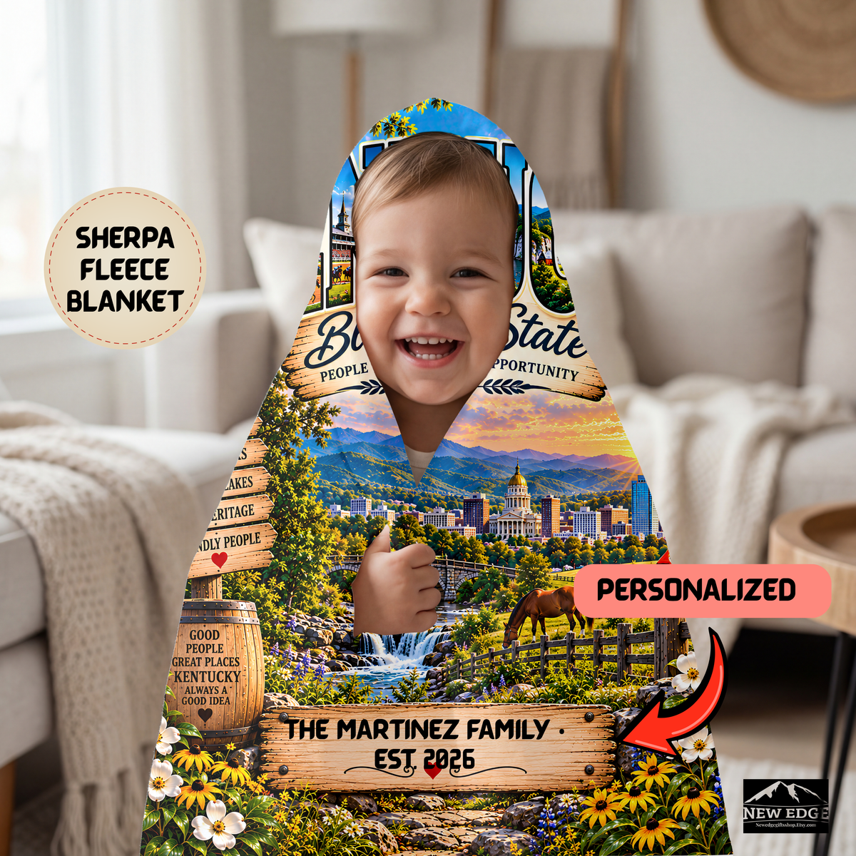 Kentucky Personalized Sherpa Fleece Blanket, Bluegrass State Horse Country Scenic Heritage Custom Family Name