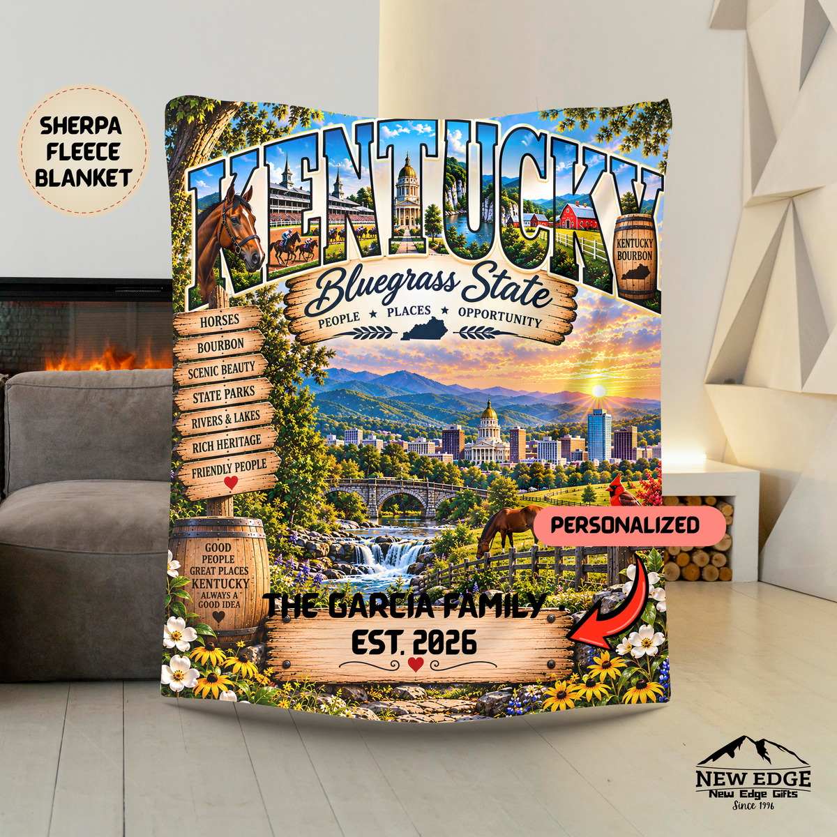 Kentucky Personalized Sherpa Fleece Blanket, Bluegrass State Horse Country Scenic Heritage Custom Family Name