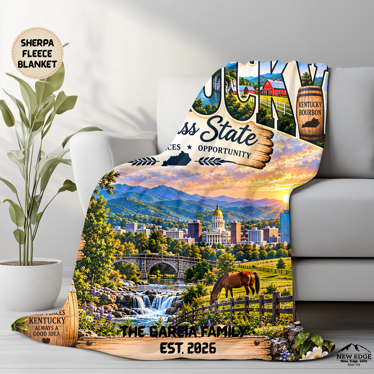 Kentucky Personalized Sherpa Fleece Blanket, Bluegrass State Horse Country Scenic Heritage Custom Family Name