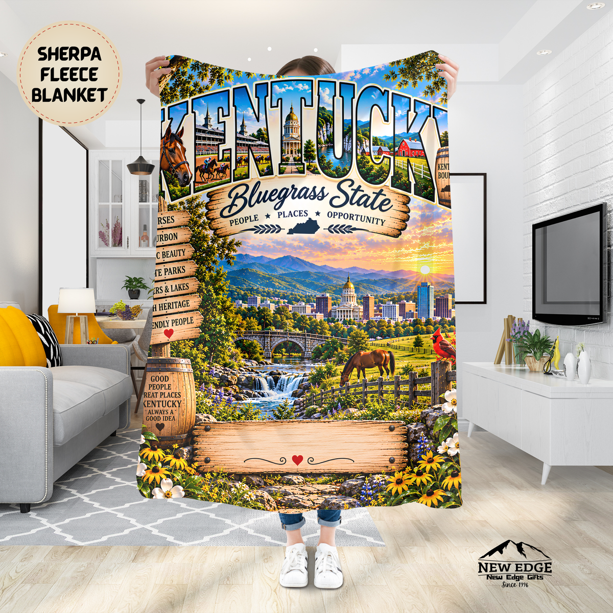 Kentucky Personalized Sherpa Fleece Blanket, Bluegrass State Horse Country Scenic Heritage Custom Family Name