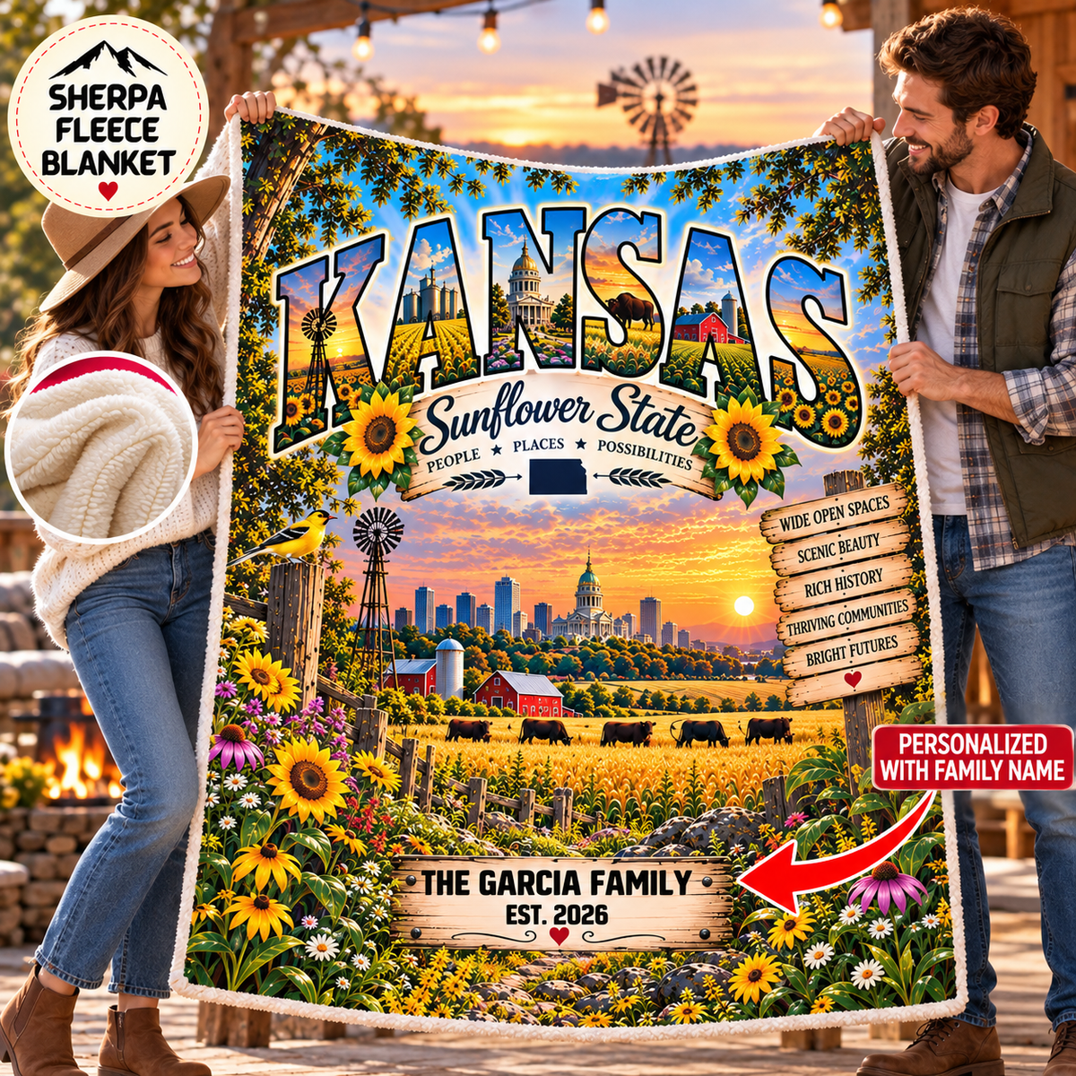 Kansas Personalized Sherpa Fleece Blanket, Sunflower State Farmland Scenic Heritage Custom Family Name Gift