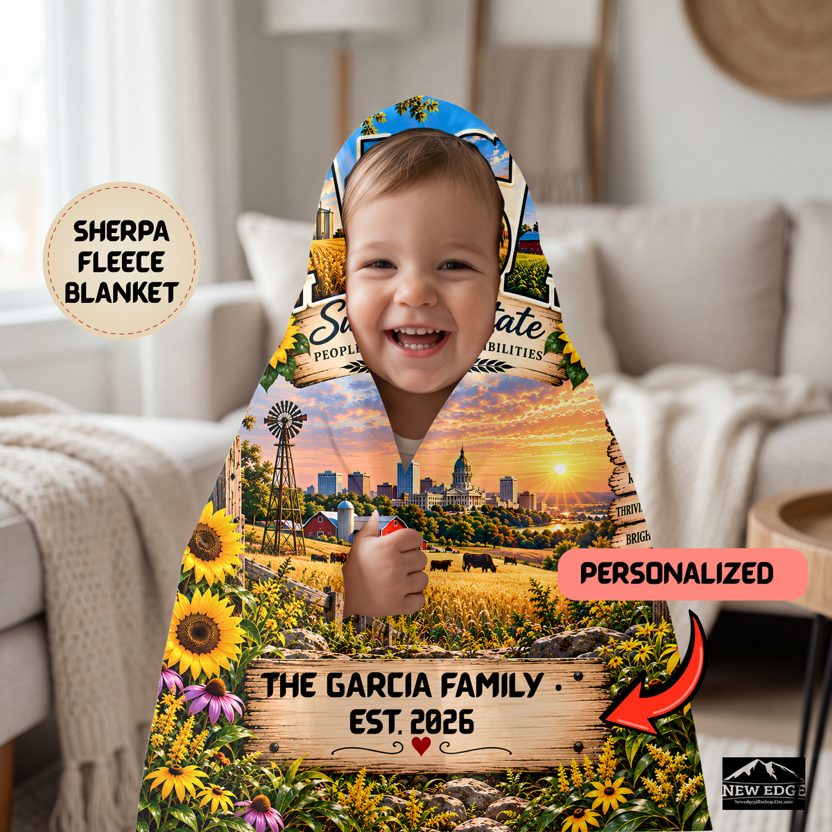 Kansas Personalized Sherpa Fleece Blanket, Sunflower State Farmland Scenic Heritage Custom Family Name Gift