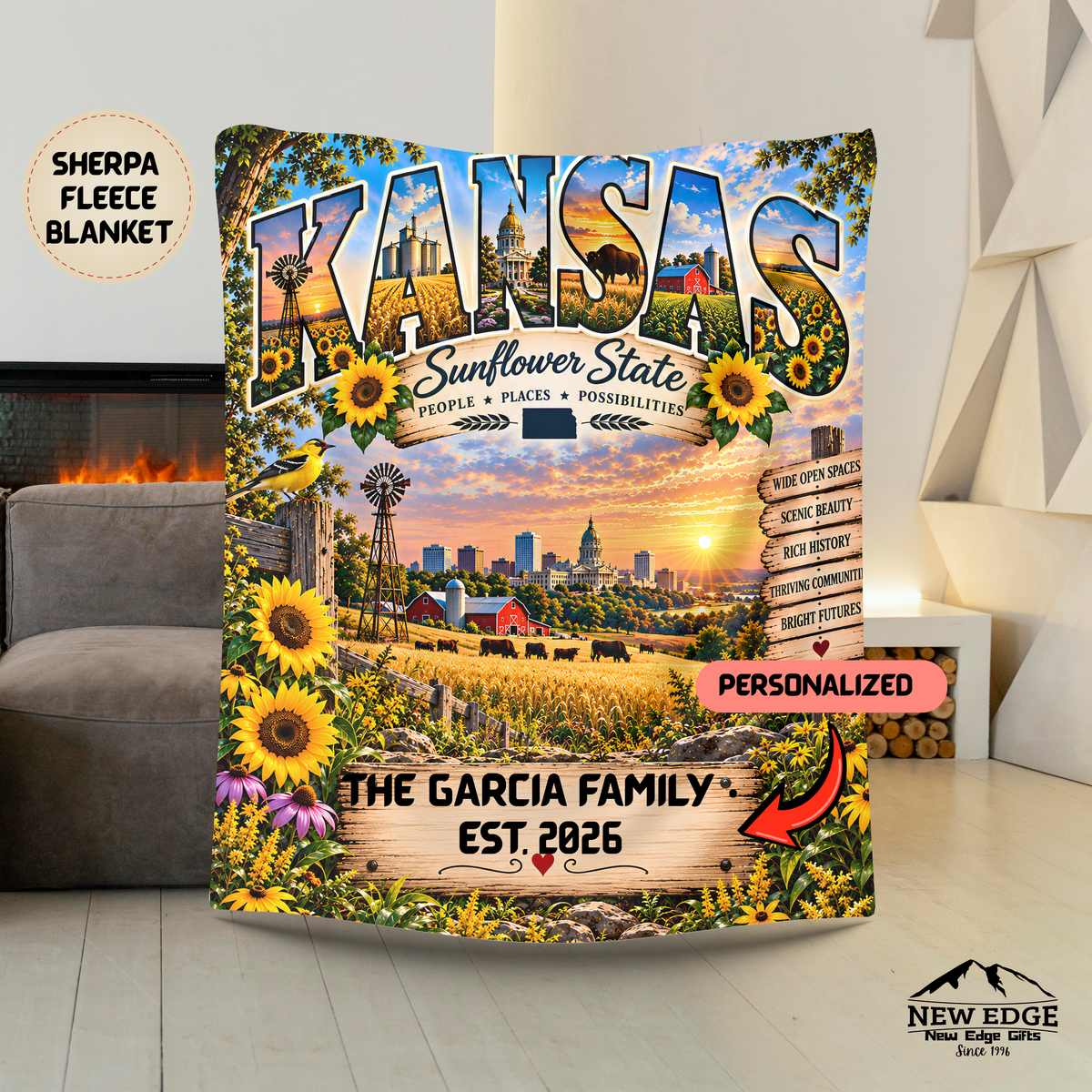 Kansas Personalized Sherpa Fleece Blanket, Sunflower State Farmland Scenic Heritage Custom Family Name Gift