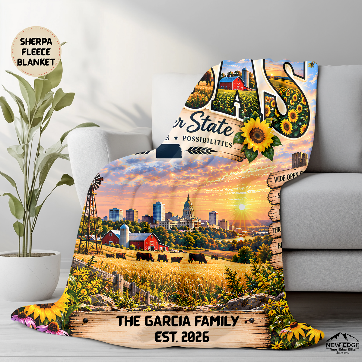 Kansas Personalized Sherpa Fleece Blanket, Sunflower State Farmland Scenic Heritage Custom Family Name Gift