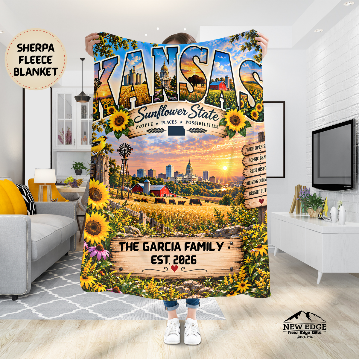 Kansas Personalized Sherpa Fleece Blanket, Sunflower State Farmland Scenic Heritage Custom Family Name Gift