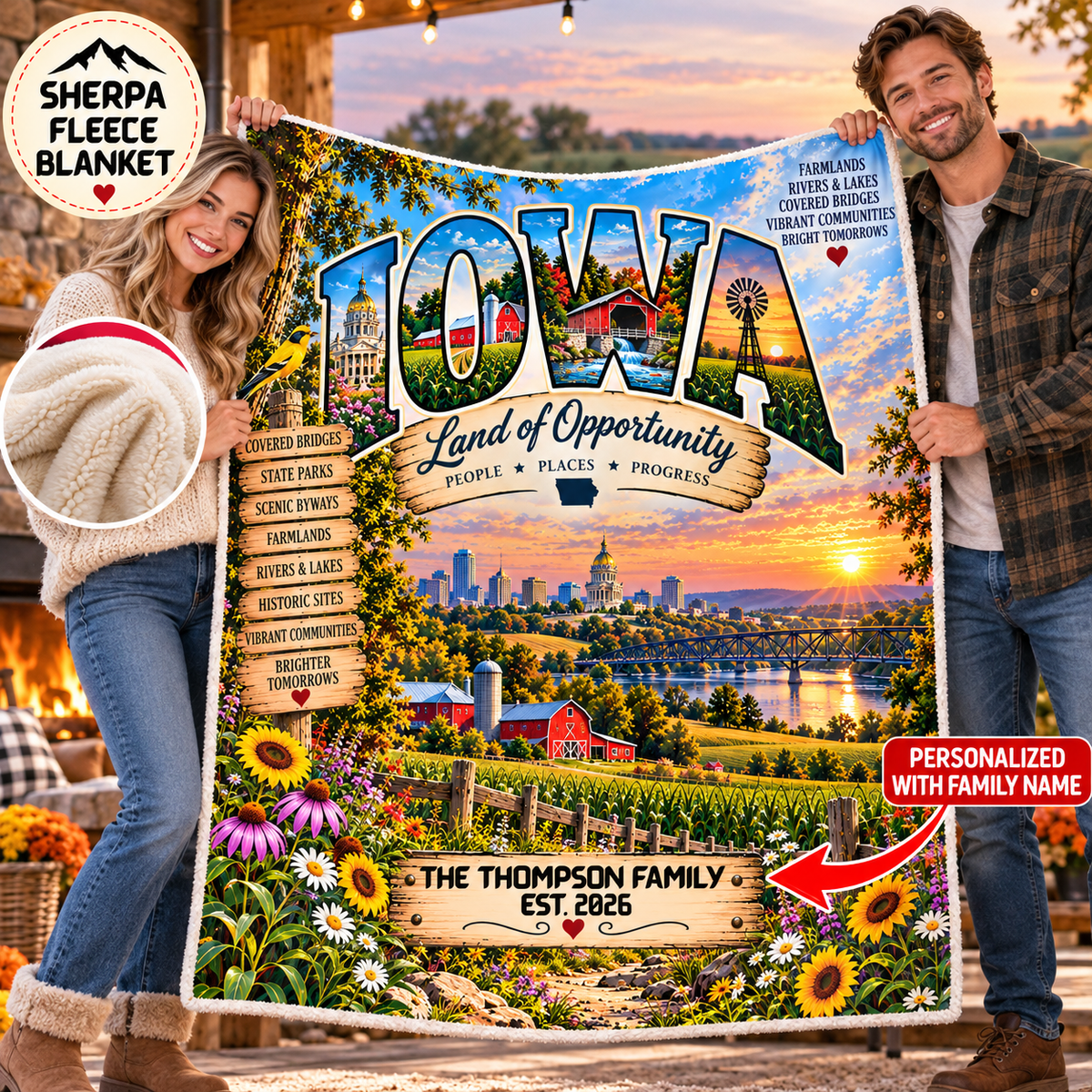 Iowa Personalized Sherpa Fleece Blanket, Farmland Covered Bridge Scenic Heritage Custom Family Name