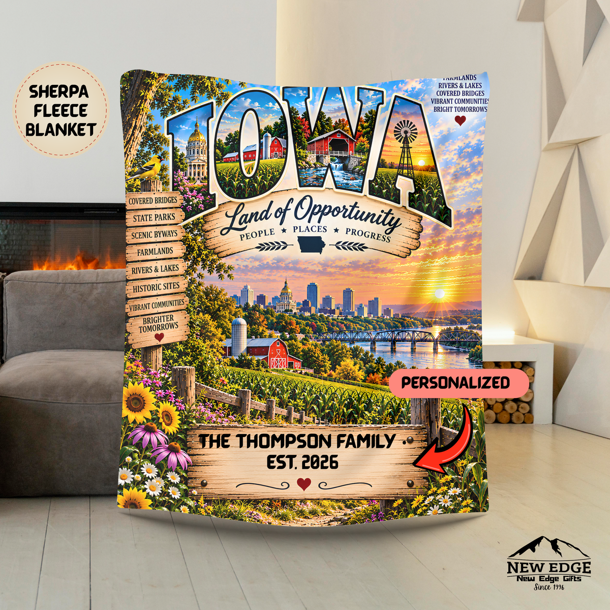 Iowa Personalized Sherpa Fleece Blanket, Farmland Covered Bridge Scenic Heritage Custom Family Name