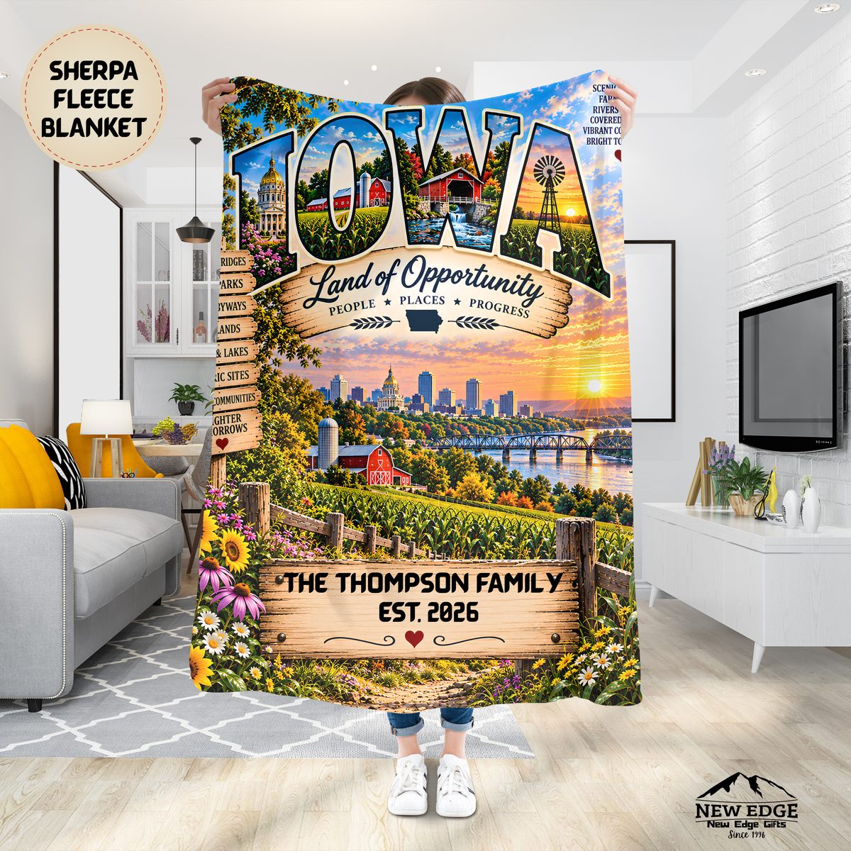 Iowa Personalized Sherpa Fleece Blanket, Farmland Covered Bridge Scenic Heritage Custom Family Name