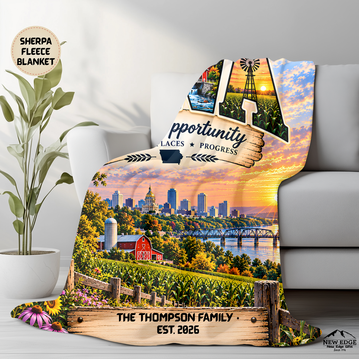 Iowa Personalized Sherpa Fleece Blanket, Farmland Covered Bridge Scenic Heritage Custom Family Name
