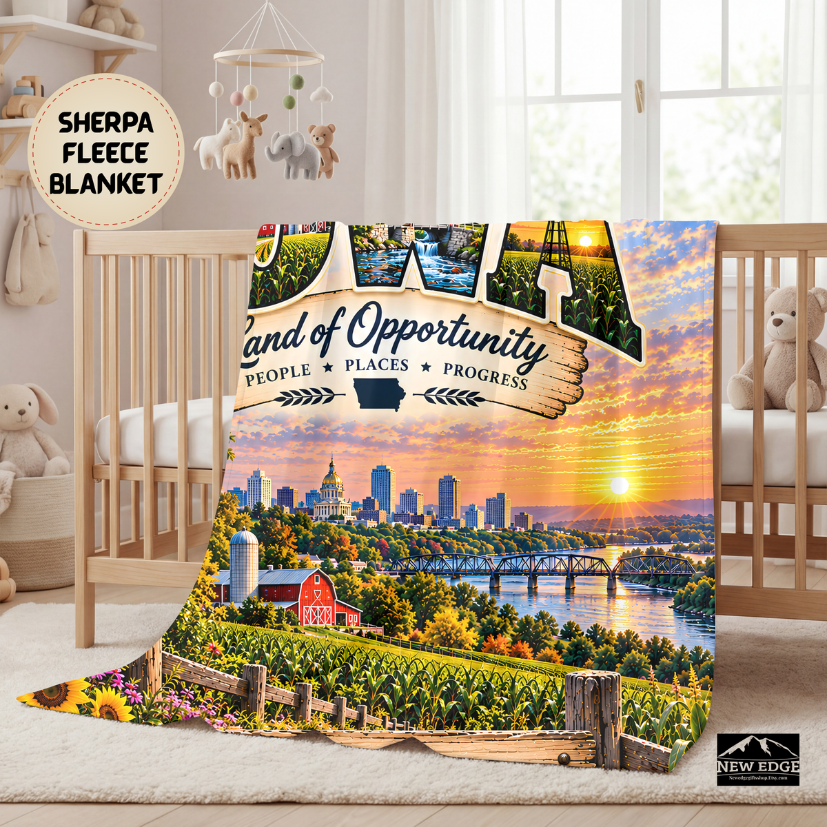 Iowa Personalized Sherpa Fleece Blanket, Farmland Covered Bridge Scenic Heritage Custom Family Name