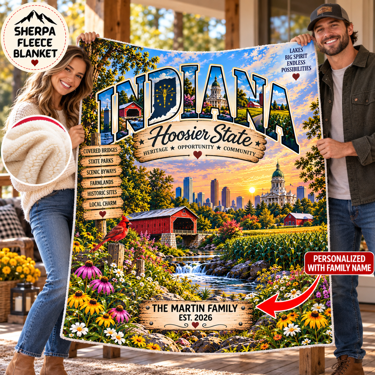 Indiana Personalized Sherpa Fleece Blanket, Hoosier State Heritage Scenic Landmarks Custom Family Name Gift
