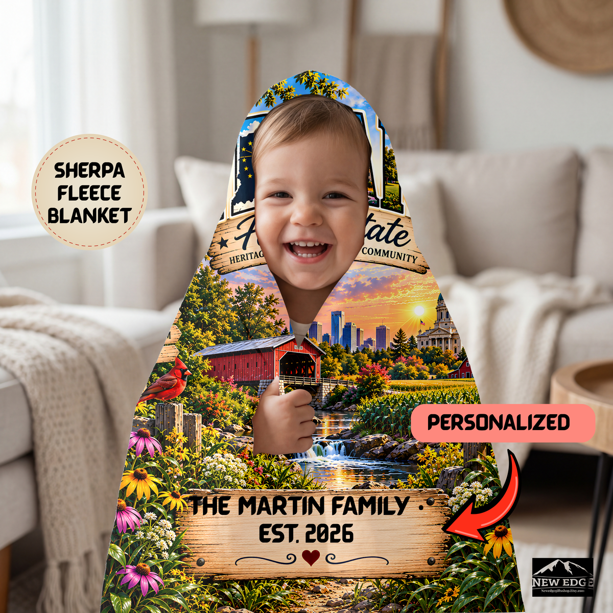Indiana Personalized Sherpa Fleece Blanket, Hoosier State Heritage Scenic Landmarks Custom Family Name Gift
