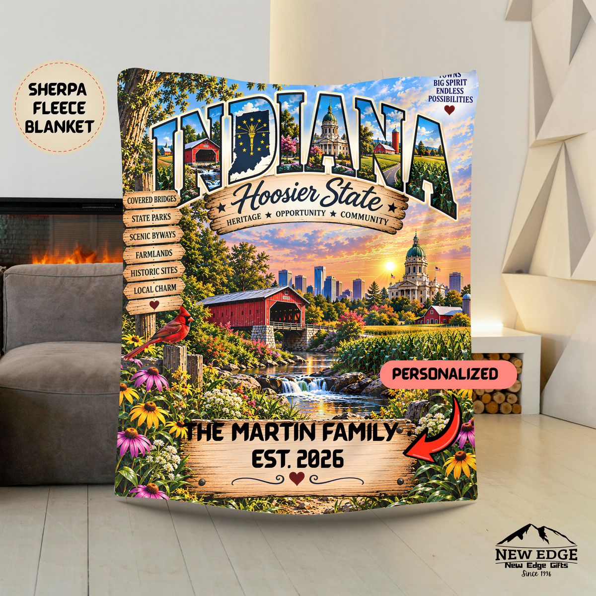 Indiana Personalized Sherpa Fleece Blanket, Hoosier State Heritage Scenic Landmarks Custom Family Name Gift
