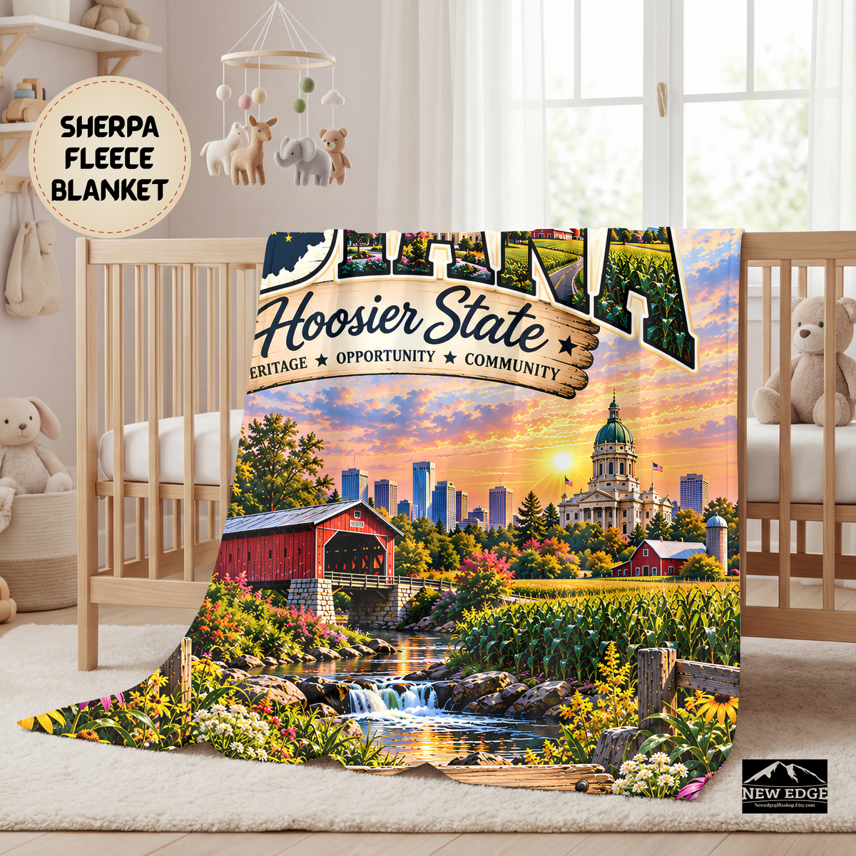 Indiana Personalized Sherpa Fleece Blanket, Hoosier State Heritage Scenic Landmarks Custom Family Name Gift