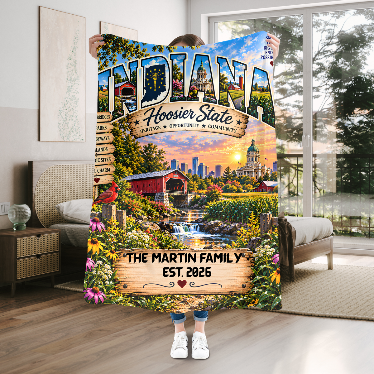 Indiana Personalized Sherpa Fleece Blanket, Hoosier State Heritage Scenic Landmarks Custom Family Name Gift