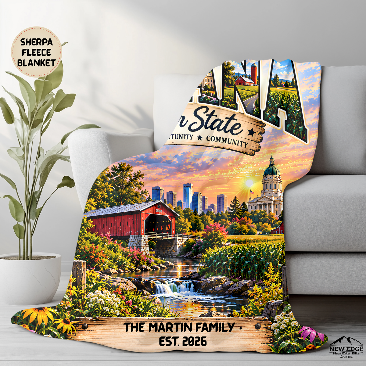 Indiana Personalized Sherpa Fleece Blanket, Hoosier State Heritage Scenic Landmarks Custom Family Name Gift