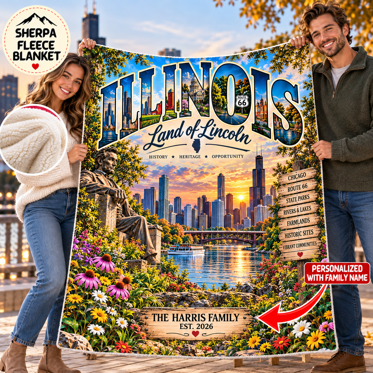 Illinois Personalized Sherpa Fleece Blanket, Chicago Route 66 Land of Lincoln Custom Family Name