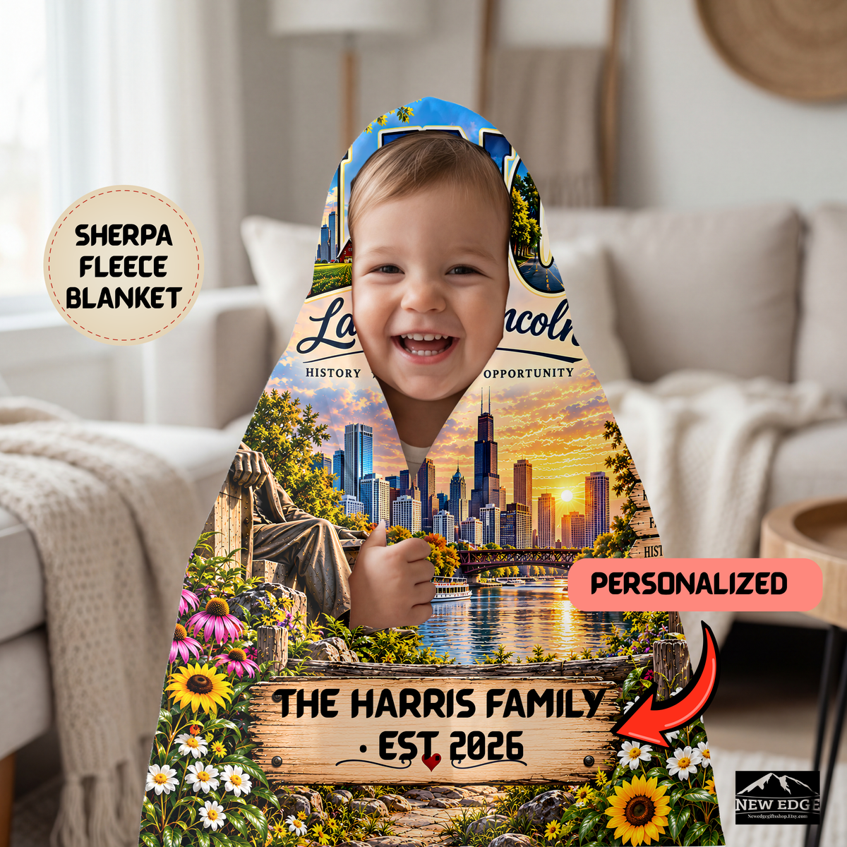 Illinois Personalized Sherpa Fleece Blanket, Chicago Route 66 Land of Lincoln Custom Family Name