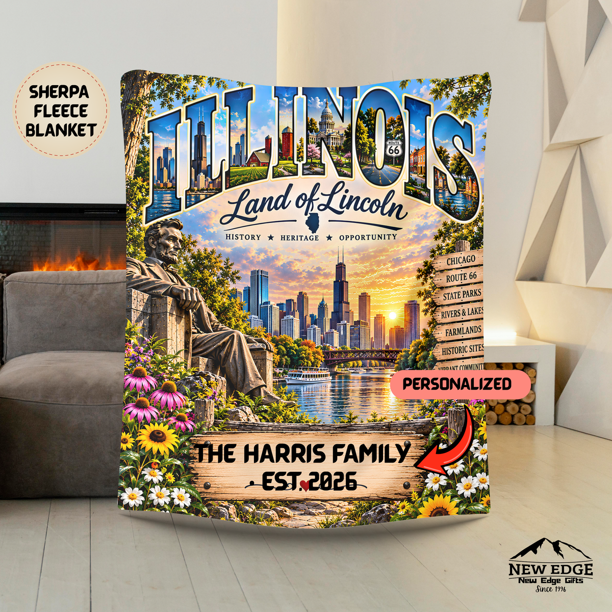 Illinois Personalized Sherpa Fleece Blanket, Chicago Route 66 Land of Lincoln Custom Family Name
