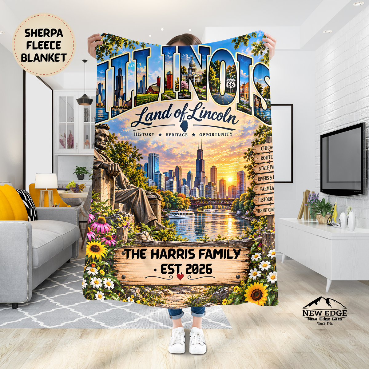Illinois Personalized Sherpa Fleece Blanket, Chicago Route 66 Land of Lincoln Custom Family Name
