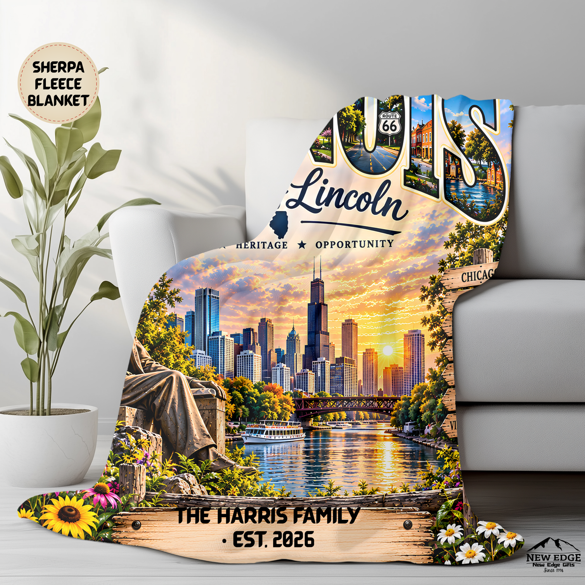 Illinois Personalized Sherpa Fleece Blanket, Chicago Route 66 Land of Lincoln Custom Family Name