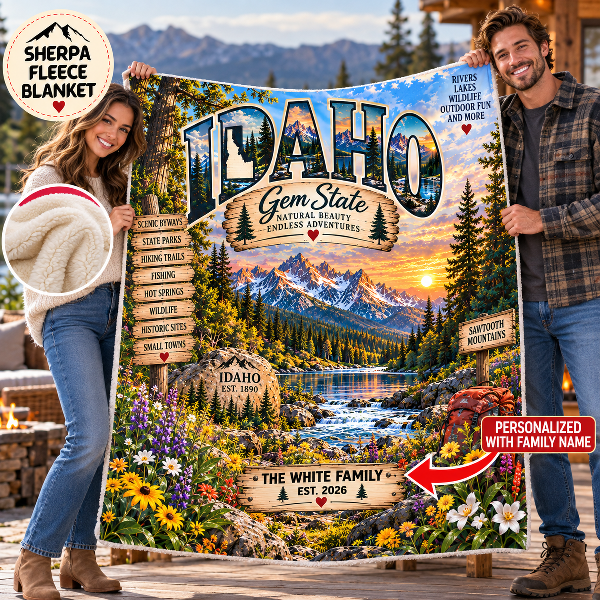 Idaho Personalized Sherpa Fleece Blanket, Gem State Sawtooth Mountains Custom Family Name Gift