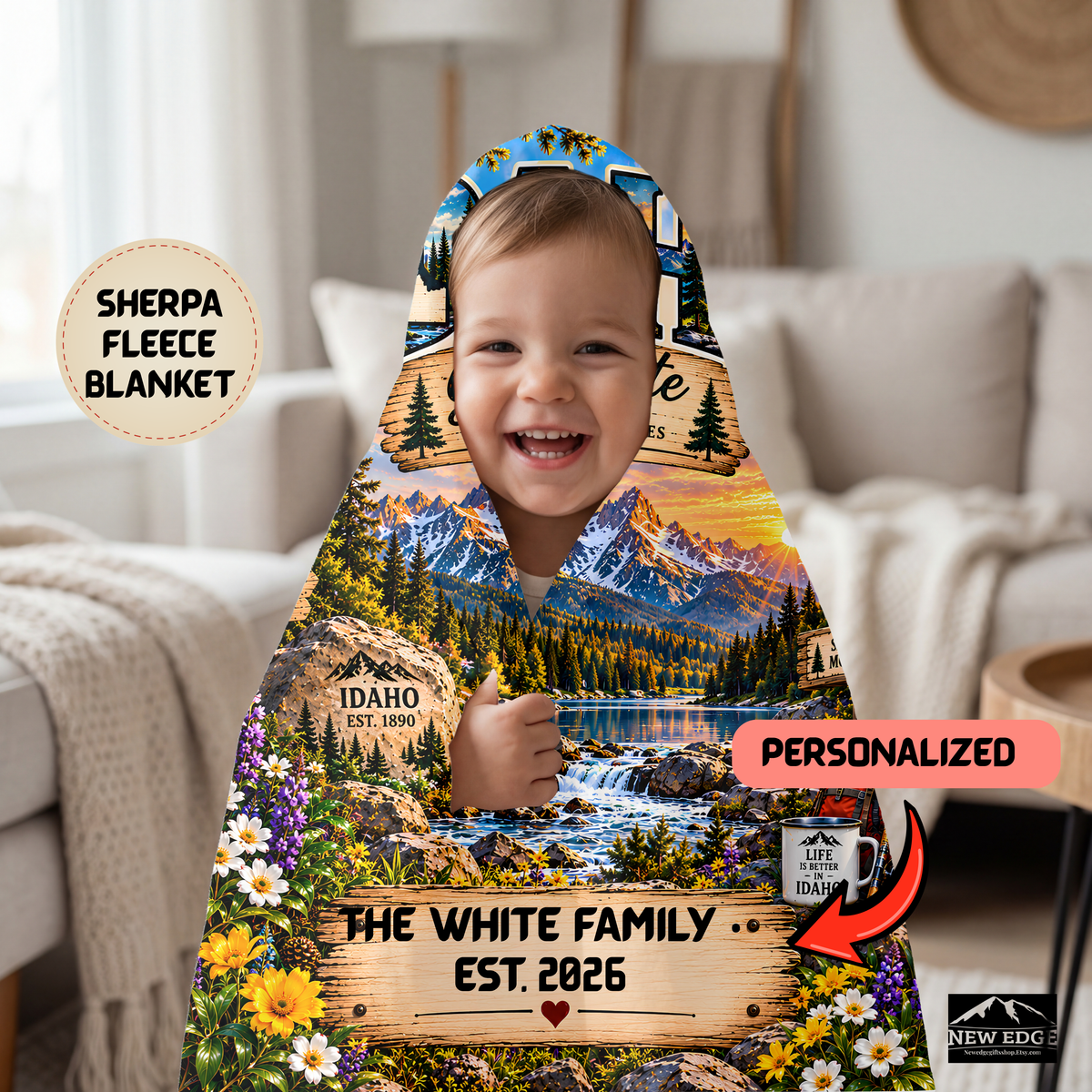 Idaho Personalized Sherpa Fleece Blanket, Gem State Sawtooth Mountains Custom Family Name Gift