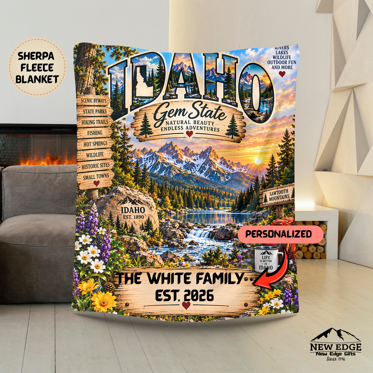 Idaho Personalized Sherpa Fleece Blanket, Gem State Sawtooth Mountains Custom Family Name Gift