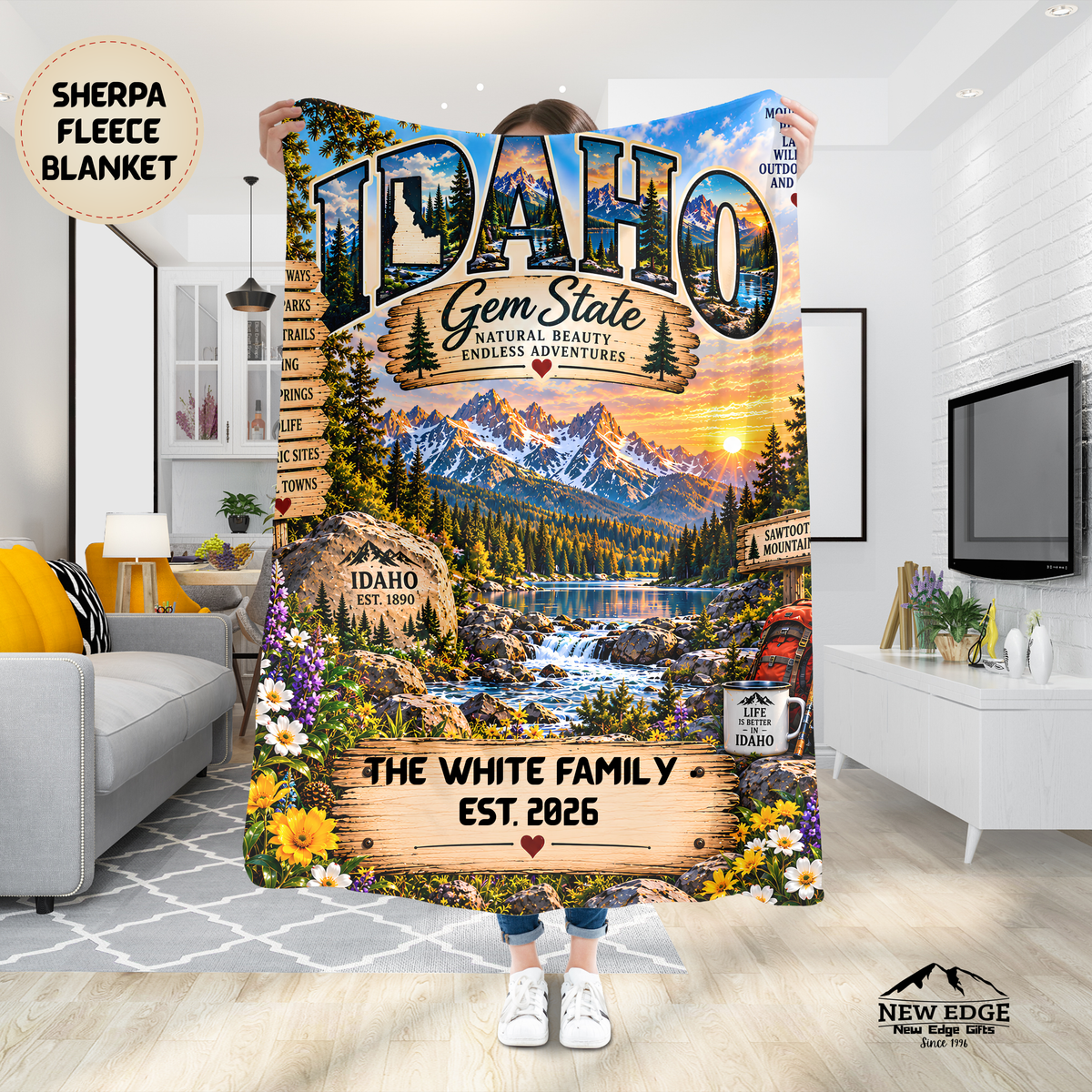 Idaho Personalized Sherpa Fleece Blanket, Gem State Sawtooth Mountains Custom Family Name Gift