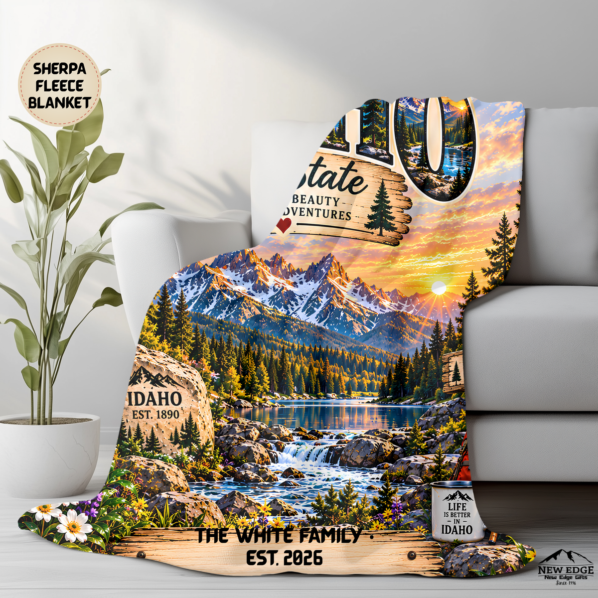 Idaho Personalized Sherpa Fleece Blanket, Gem State Sawtooth Mountains Custom Family Name Gift