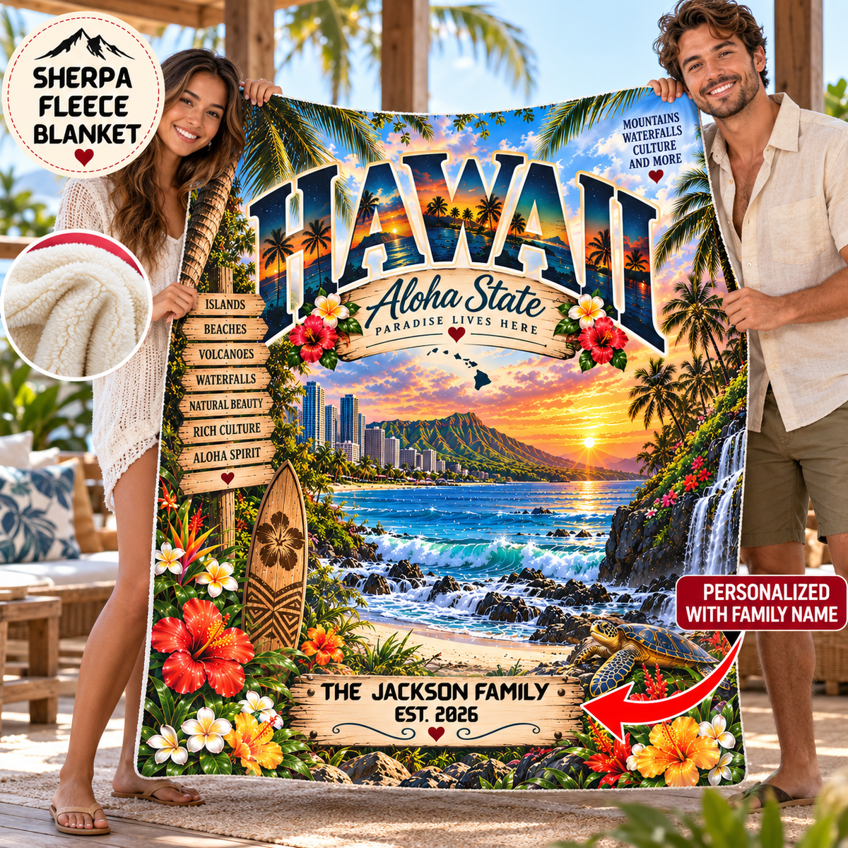 Hawaii Personalized Sherpa Fleece Blanket, Aloha State Tropical Island Volcano Waterfall Custom Family Name