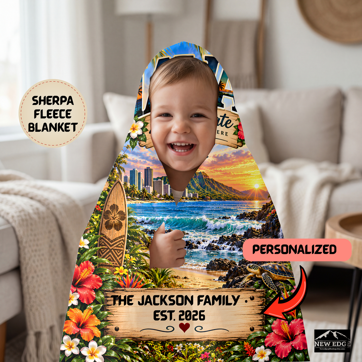 Hawaii Personalized Sherpa Fleece Blanket, Aloha State Tropical Island Volcano Waterfall Custom Family Name
