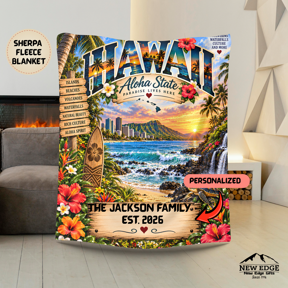 Hawaii Personalized Sherpa Fleece Blanket, Aloha State Tropical Island Volcano Waterfall Custom Family Name