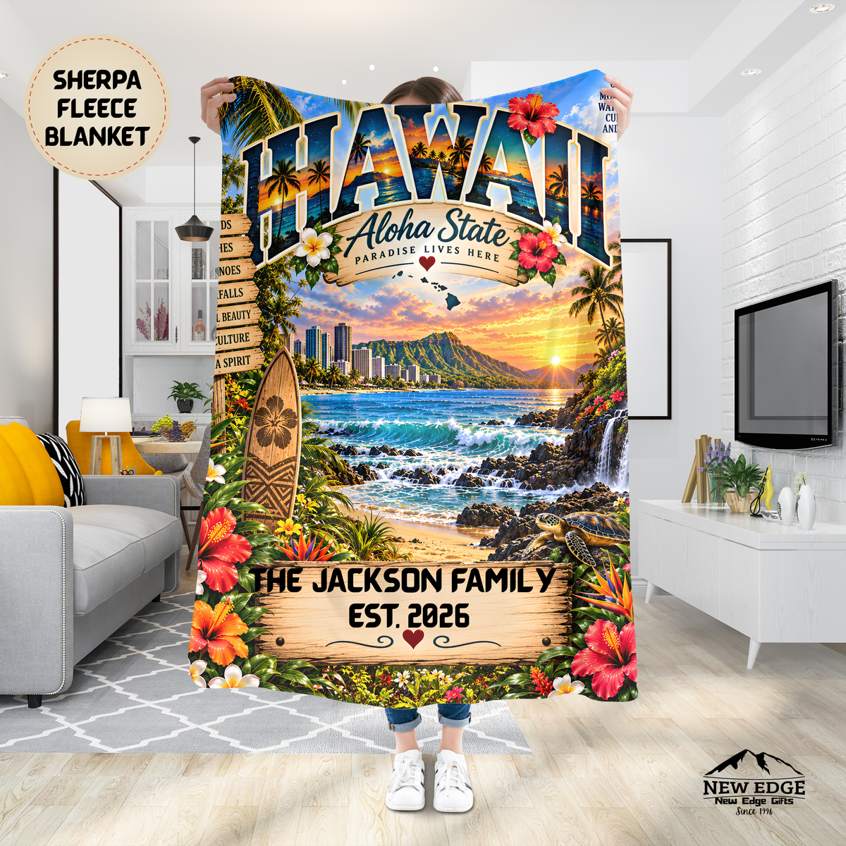 Hawaii Personalized Sherpa Fleece Blanket, Aloha State Tropical Island Volcano Waterfall Custom Family Name