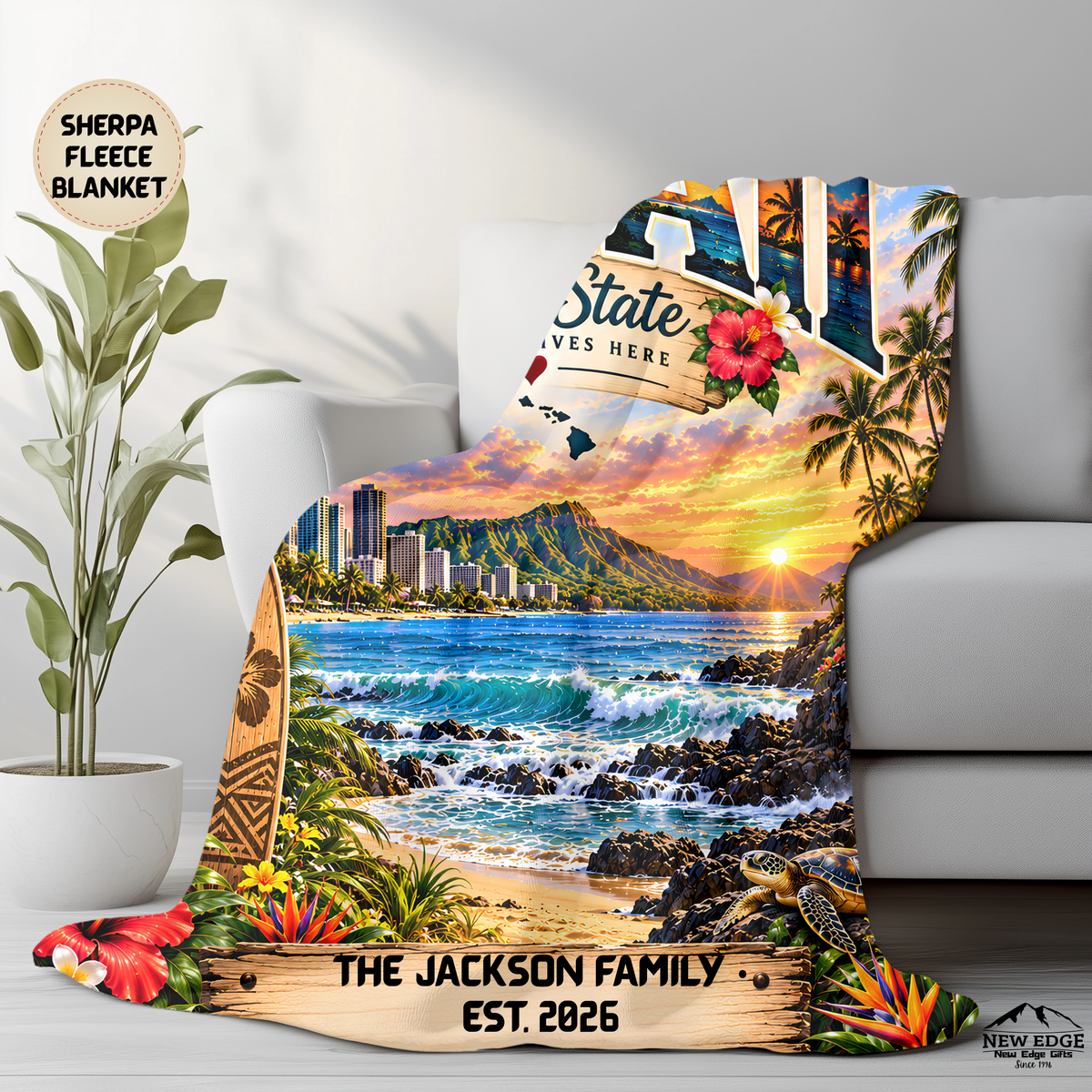 Hawaii Personalized Sherpa Fleece Blanket, Aloha State Tropical Island Volcano Waterfall Custom Family Name