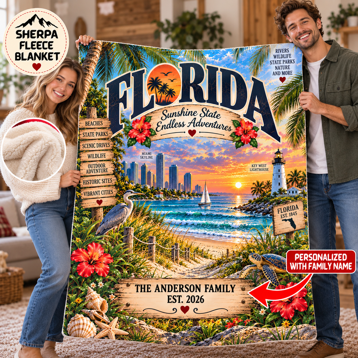 Florida Personalized Sherpa Fleece Blanket, Sunshine State Coastal Landmarks, Custom Family Name