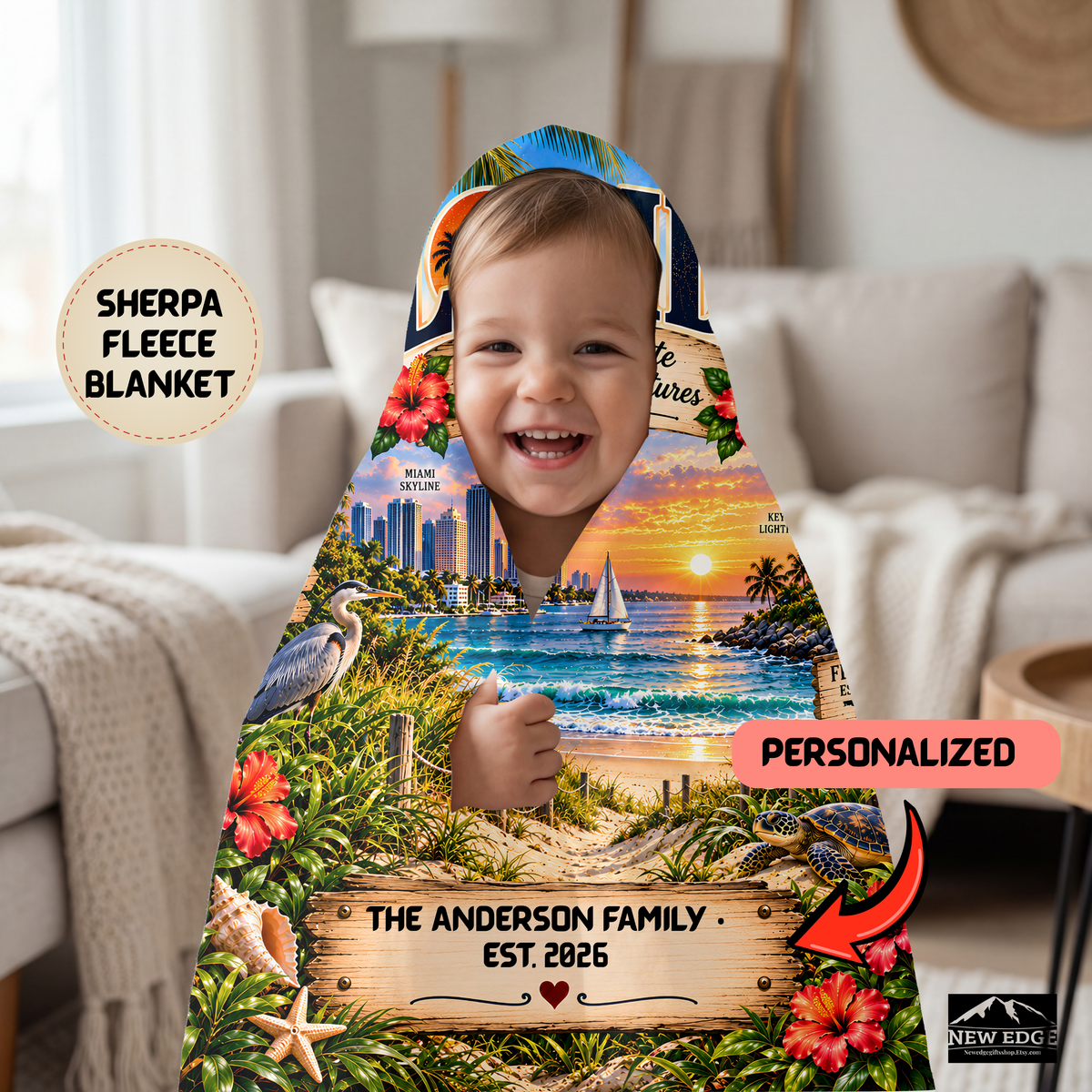 Florida Personalized Sherpa Fleece Blanket, Sunshine State Coastal Landmarks, Custom Family Name