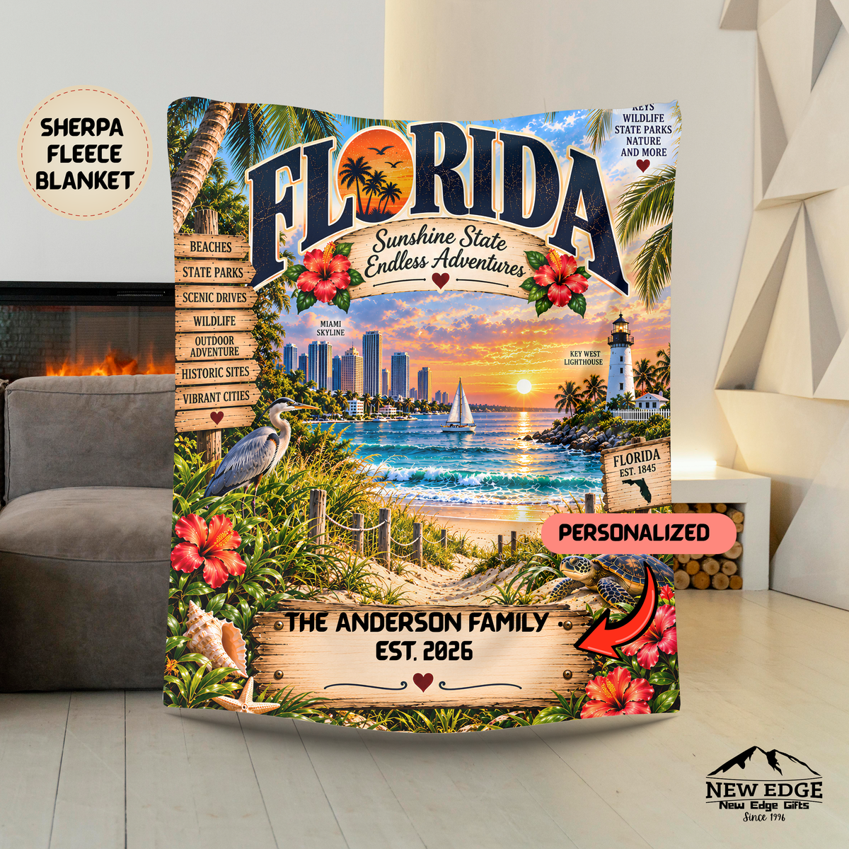 Florida Personalized Sherpa Fleece Blanket, Sunshine State Coastal Landmarks, Custom Family Name