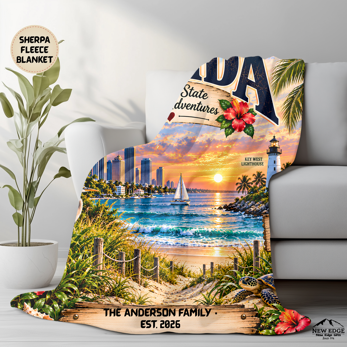 Florida Personalized Sherpa Fleece Blanket, Sunshine State Coastal Landmarks, Custom Family Name
