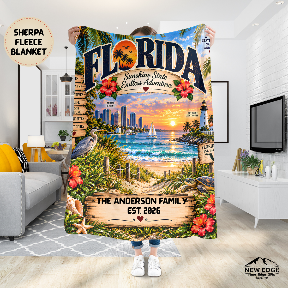 Florida Personalized Sherpa Fleece Blanket, Sunshine State Coastal Landmarks, Custom Family Name