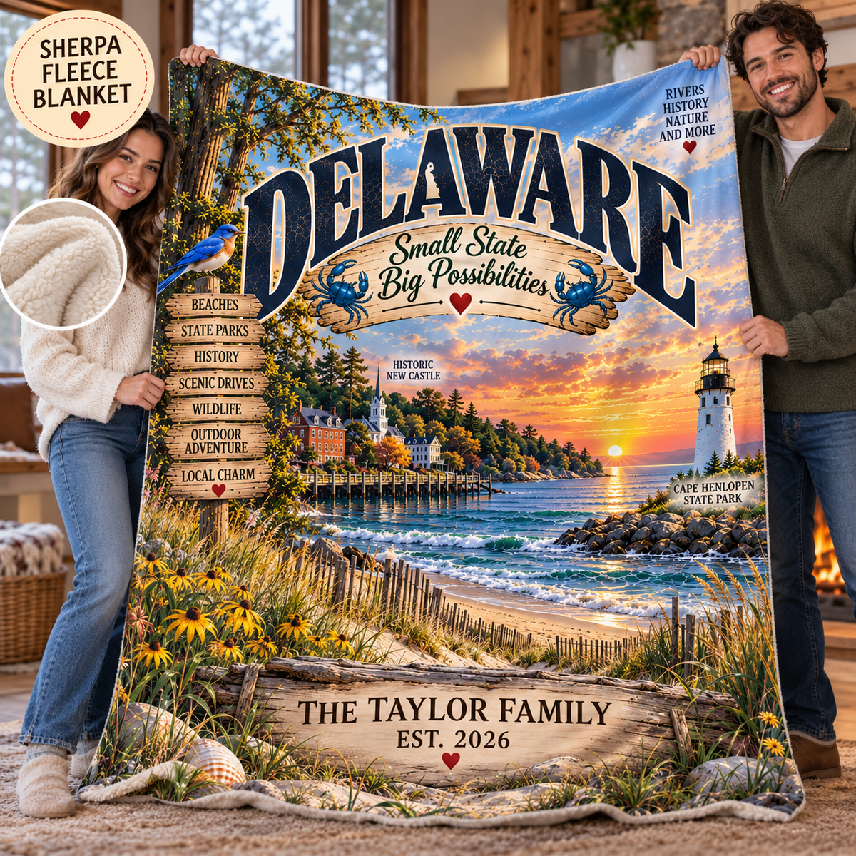 Delaware Personalized Sherpa Fleece Blanket, Coastal Lighthouse Scenic Custom Family Name State Gift
