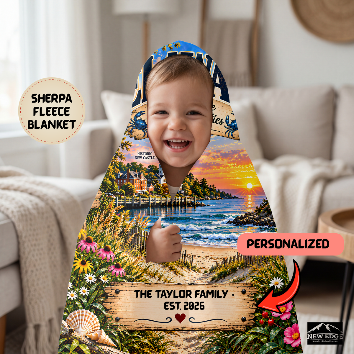 Delaware Personalized Sherpa Fleece Blanket, Coastal Lighthouse Scenic Custom Family Name State Gift