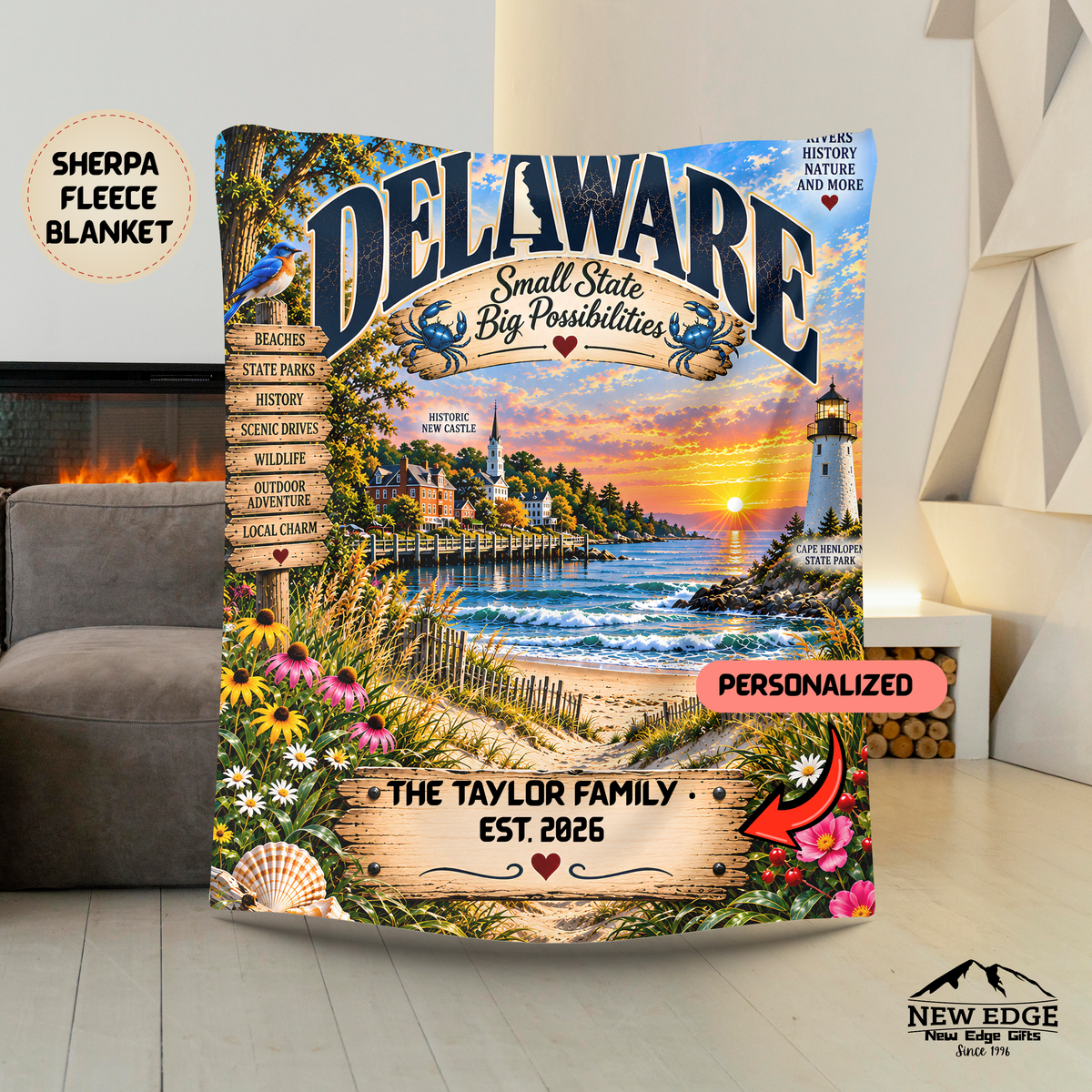 Delaware Personalized Sherpa Fleece Blanket, Coastal Lighthouse Scenic Custom Family Name State Gift