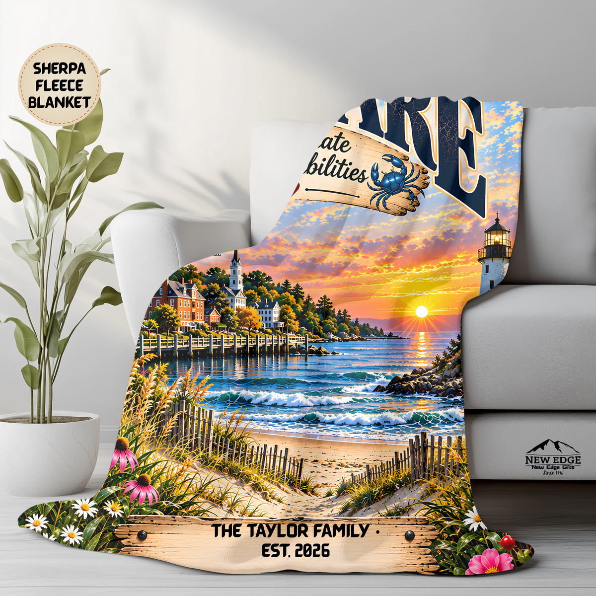 Delaware Personalized Sherpa Fleece Blanket, Coastal Lighthouse Scenic Custom Family Name State Gift