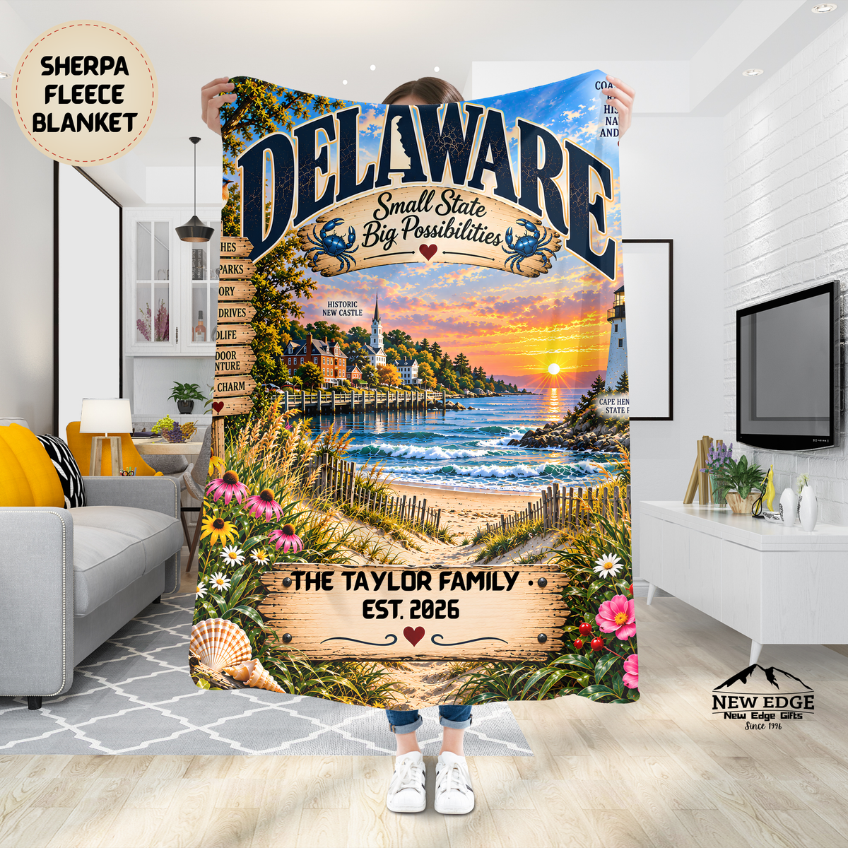 Delaware Personalized Sherpa Fleece Blanket, Coastal Lighthouse Scenic Custom Family Name State Gift