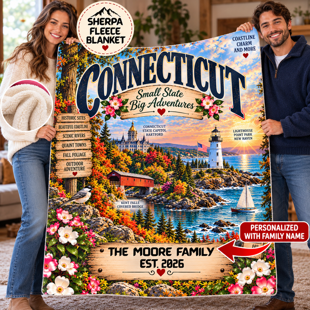 Connecticut Personalized Sherpa Fleece Blanket, Coastal Lighthouse Scenic Custom Family Name State Gift