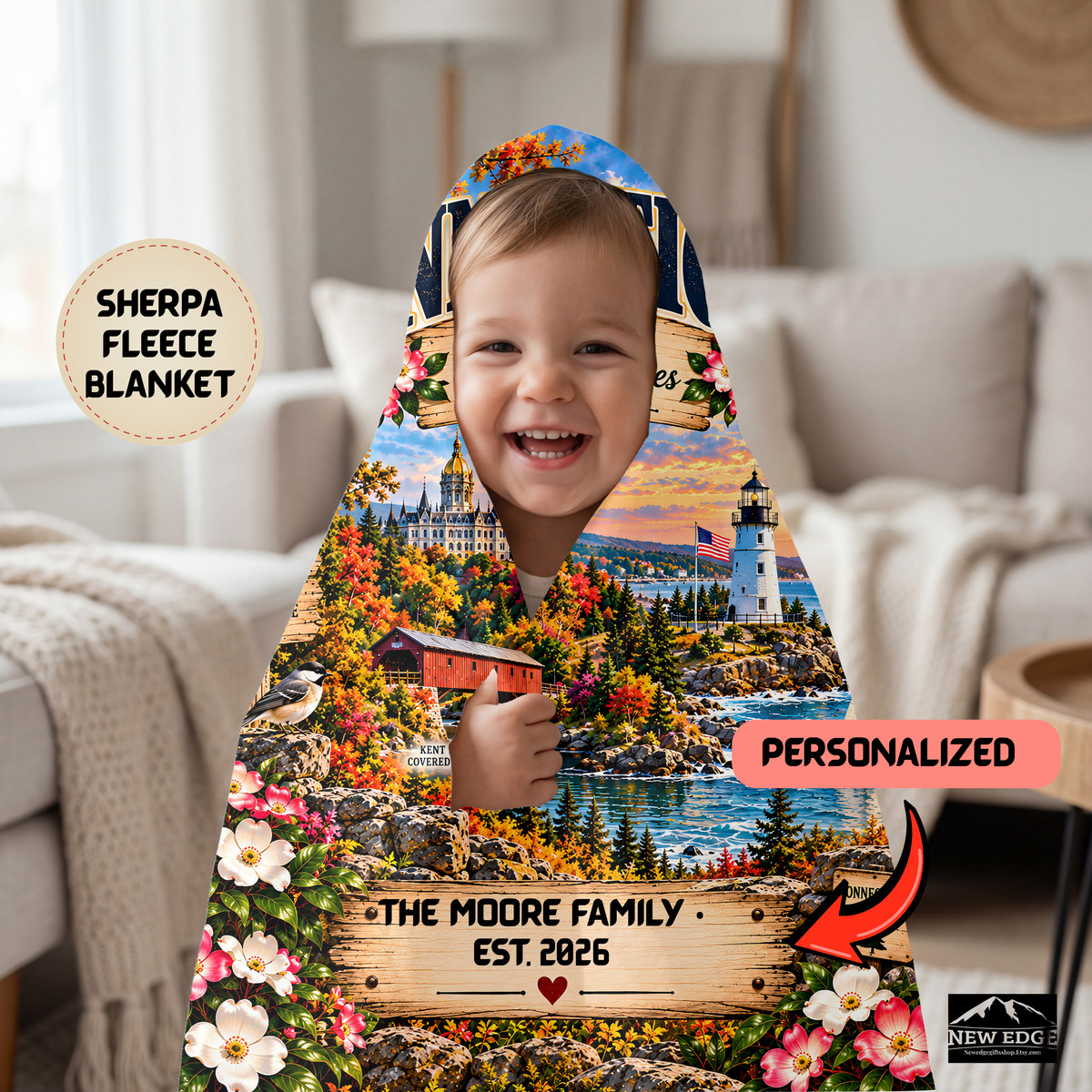 Connecticut Personalized Sherpa Fleece Blanket, Coastal Lighthouse Scenic Custom Family Name State Gift