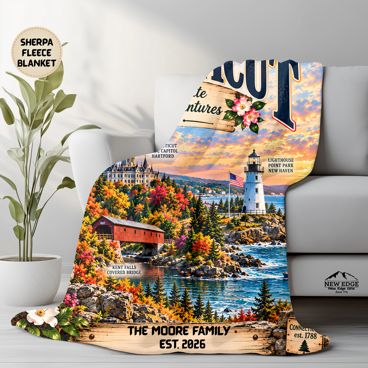 Connecticut Personalized Sherpa Fleece Blanket, Coastal Lighthouse Scenic Custom Family Name State Gift