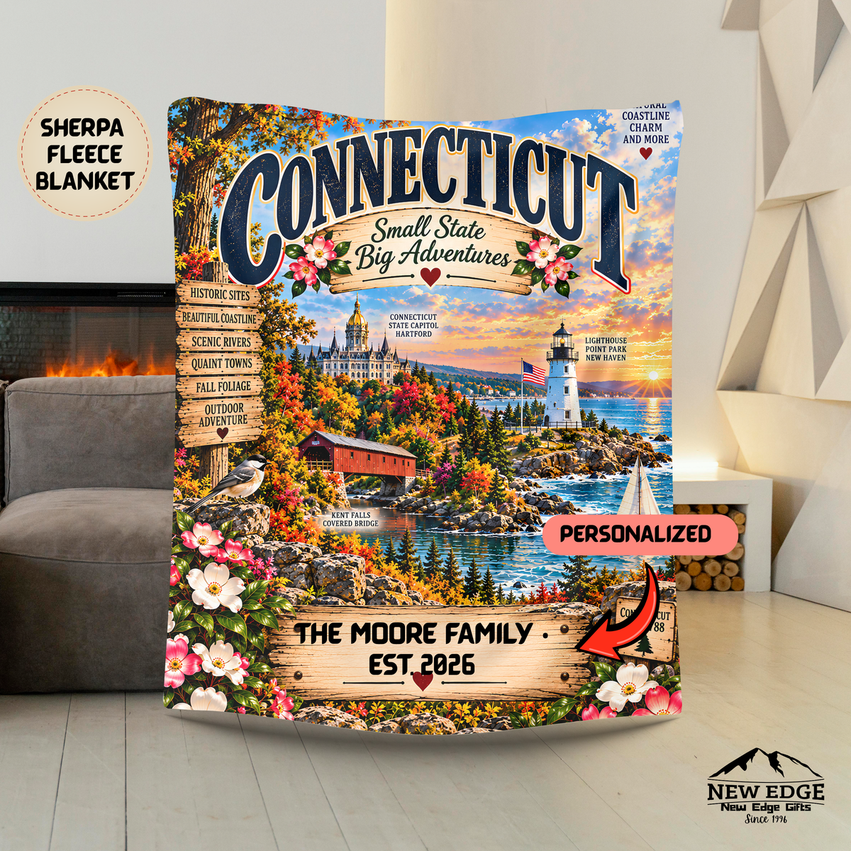 Connecticut Personalized Sherpa Fleece Blanket, Coastal Lighthouse Scenic Custom Family Name State Gift