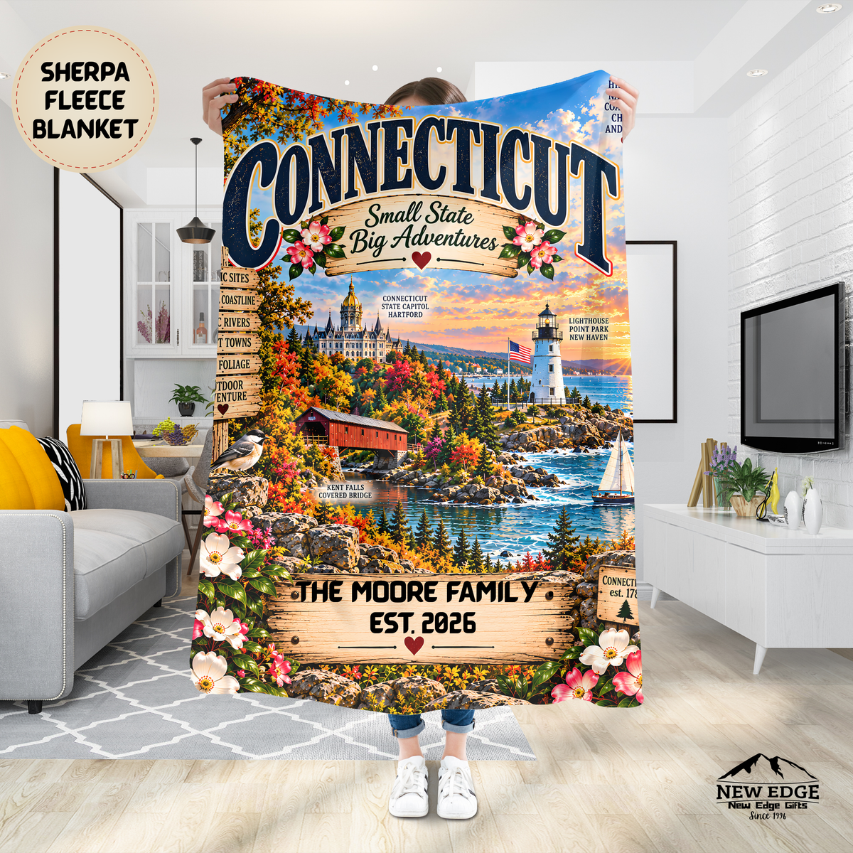 Connecticut Personalized Sherpa Fleece Blanket, Coastal Lighthouse Scenic Custom Family Name State Gift
